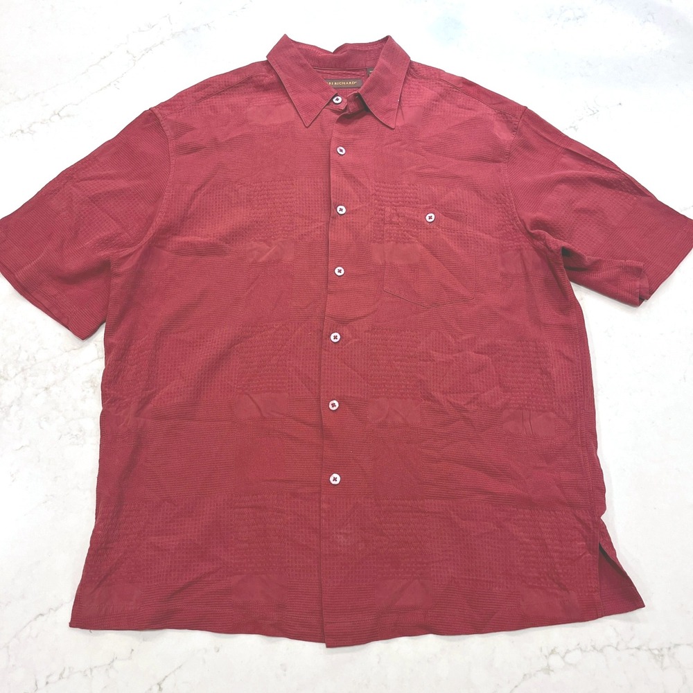 Tori Richard 100% SIik Button Up Shirt Mens XL Red Textured Short Sleeve Aloha